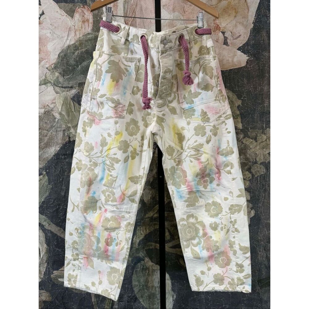 Free People Straight-Leg Floral Print Jeans with Pink Tie - Picture 9 of 11